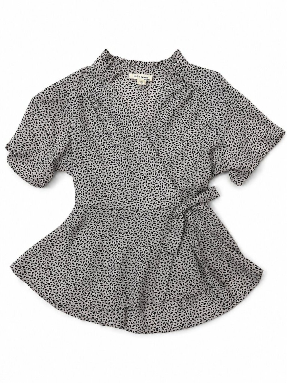 Monteau Los Angeles Wrap Blouse Size Small Black White Print Peplum Top
